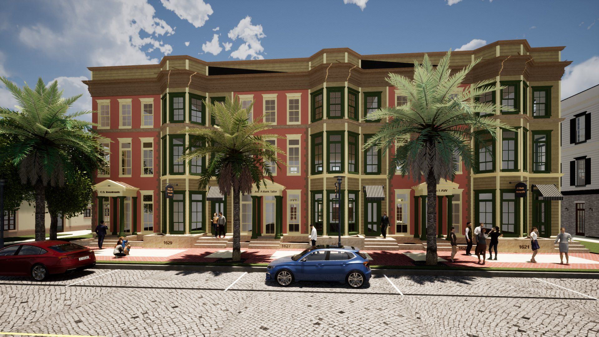 a blue car is parked in front of a large building .