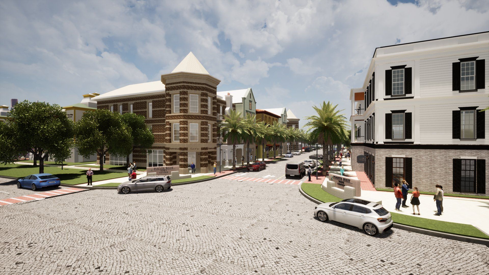 an artist 's impression of a city street with cars driving down it .