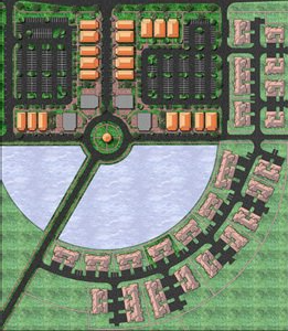 an aerial view of a residential area with a lake in the middle