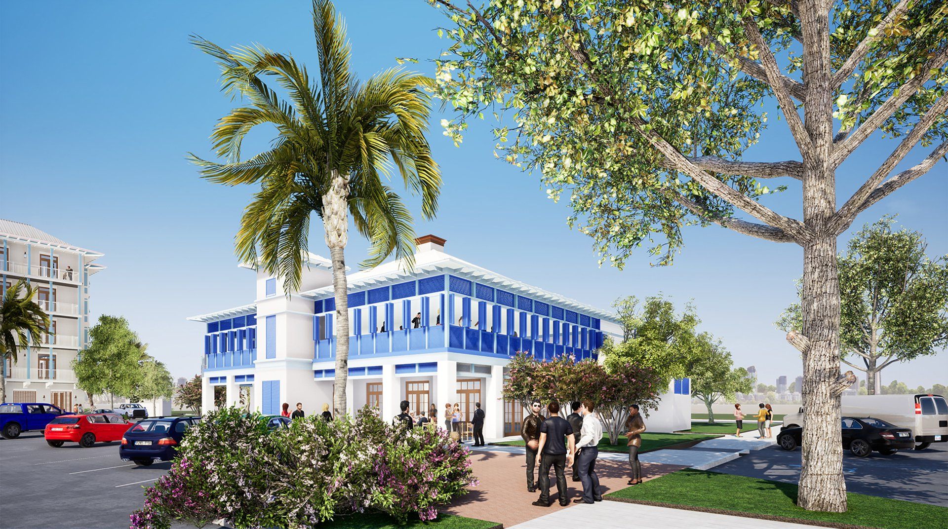 An architect's rendering of a blue and white  building with palm trees in front of it.