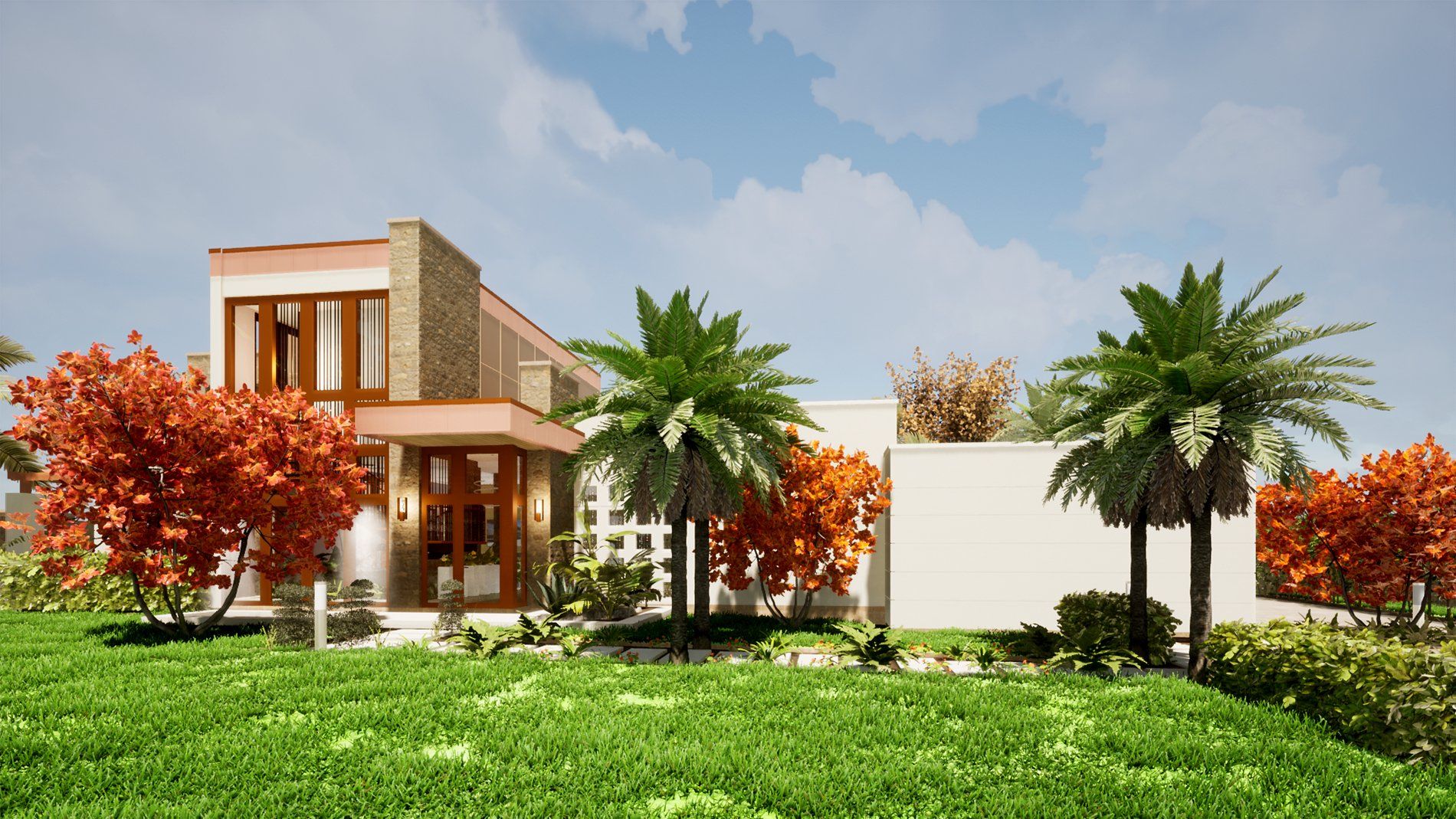 Modern home with palm trees in front of it.