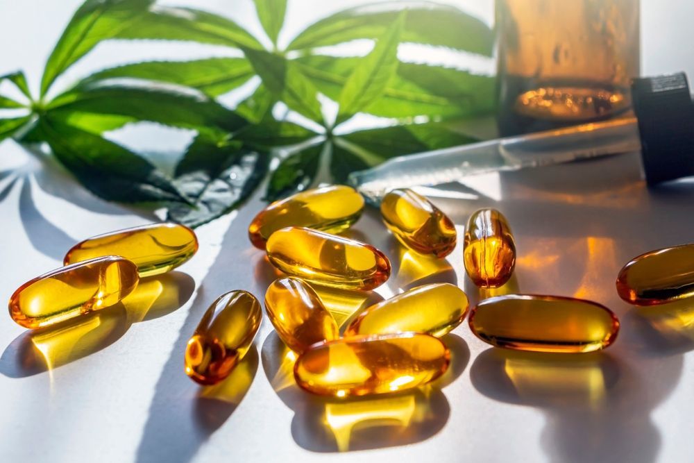 A bunch of pills are sitting on a table next to a plant.