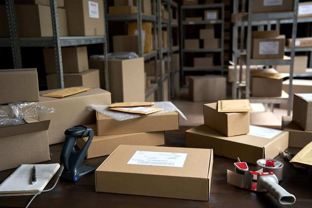 A warehouse filled with lots of cardboard boxes and a tape dispenser.