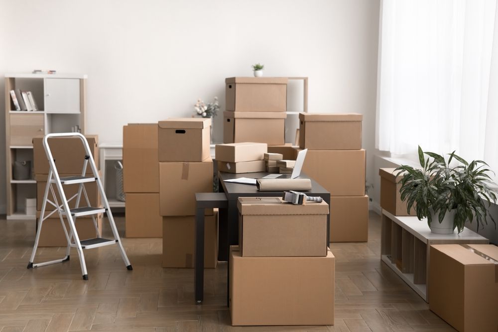 A room filled with lots of cardboard boxes and a ladder.