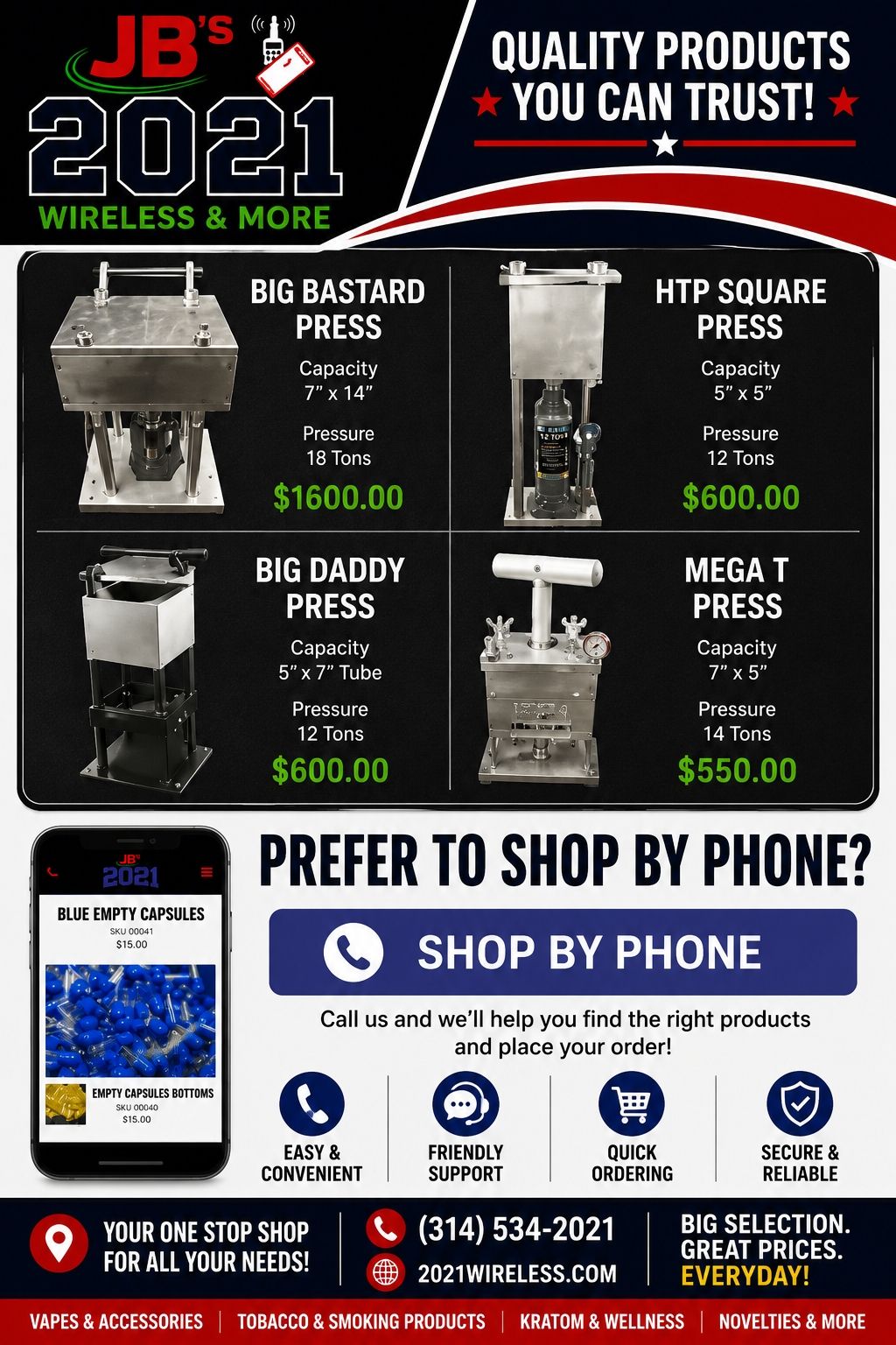 JB High Tech Presses price board showing five press models with photos and prices.