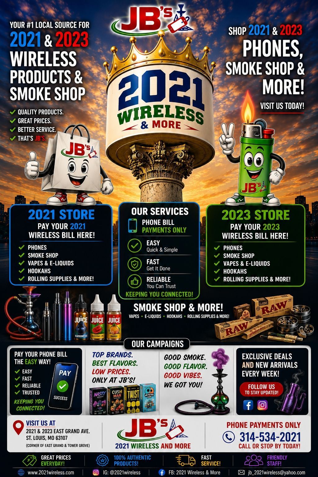 JB’s store flyer advertising wireless accessories, smoke shop products, and phone repair services on a dark background
