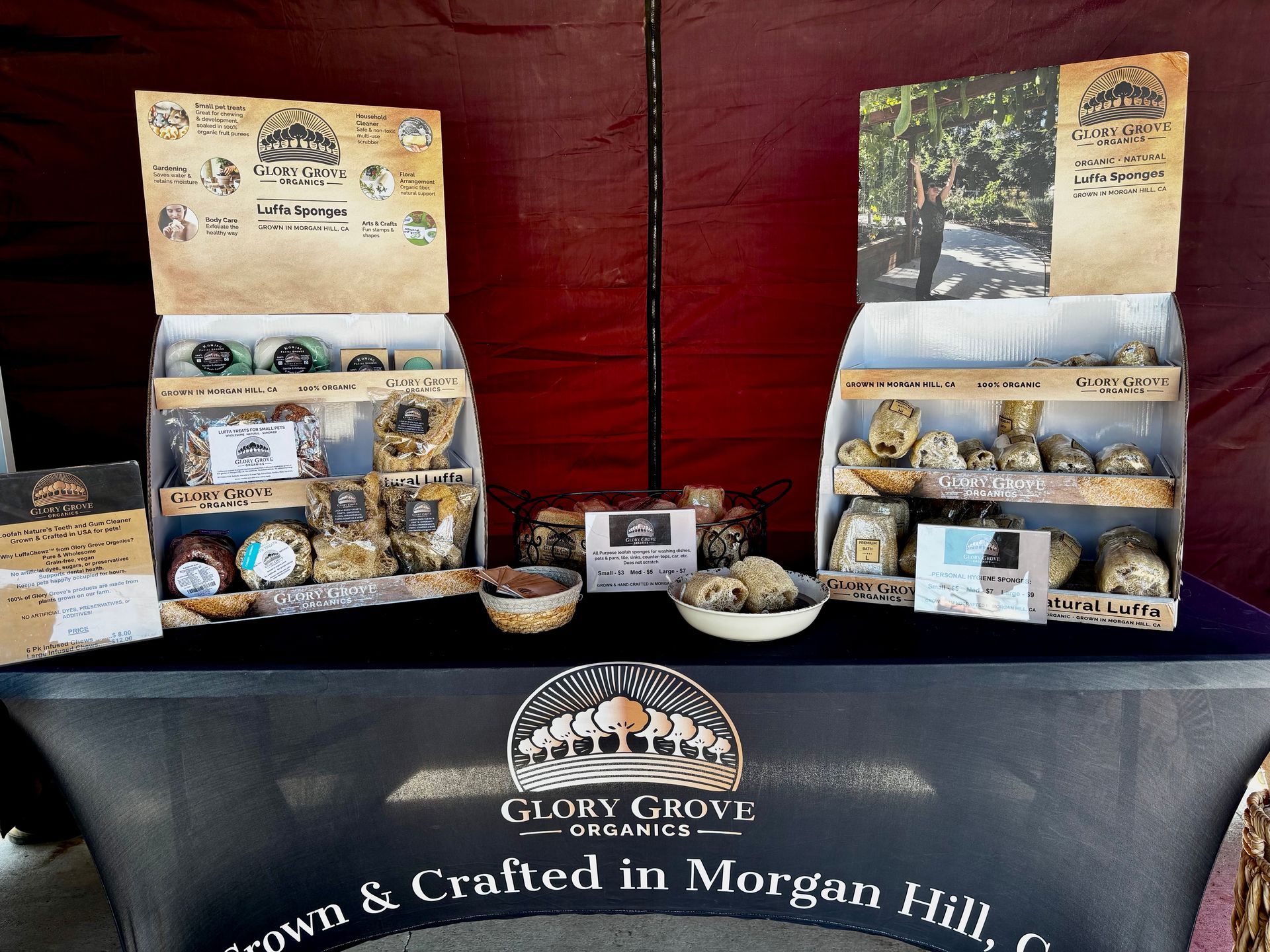 A table with a sign that says ' crafted in morgan hill ' on it