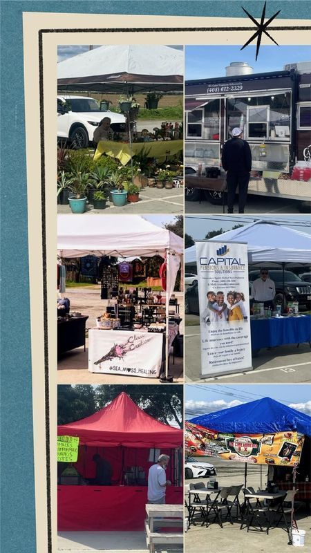 A collage of pictures of tents and food trucks.