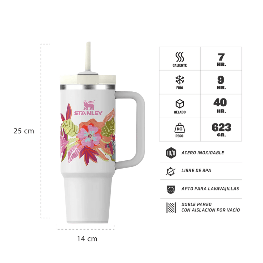 Vaso Stanley blanco con diseño floral y asa, especificaciones para la retención de calor/frío y dimensiones.