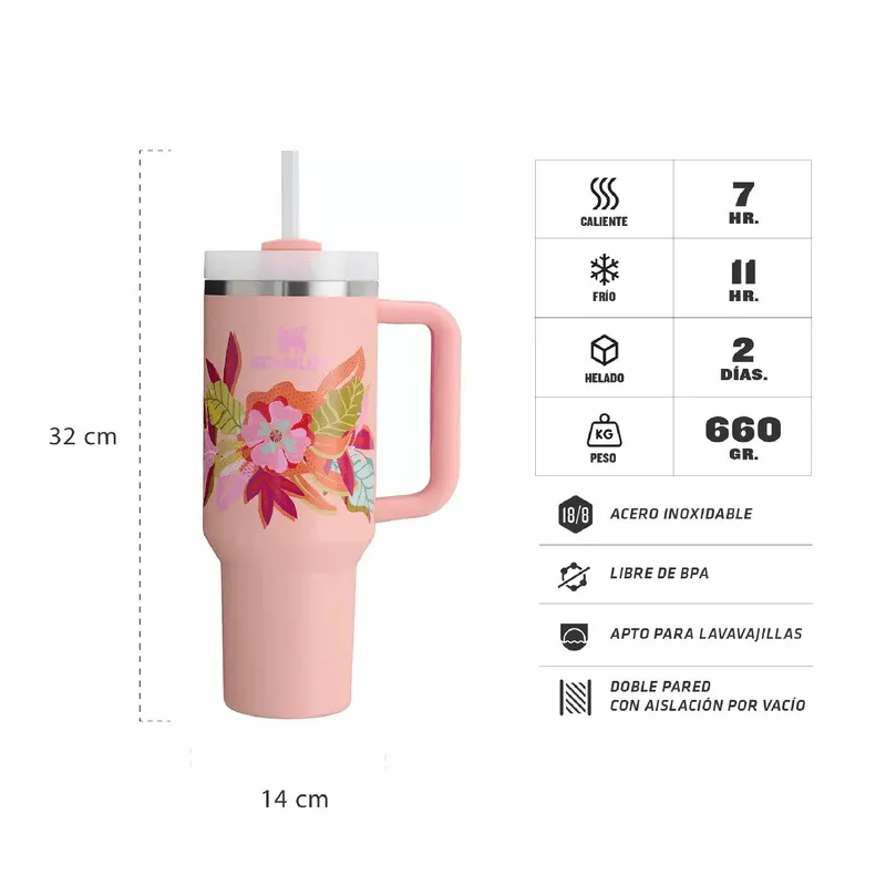 Taza de viaje isotérmica rosa con diseño floral, asa y pajita; dimensiones y características detalladas.
