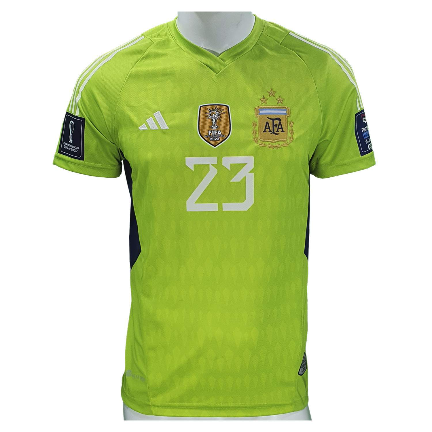 Camiseta de portero de la selección argentina de fútbol, ​​verde neón con el número 23.