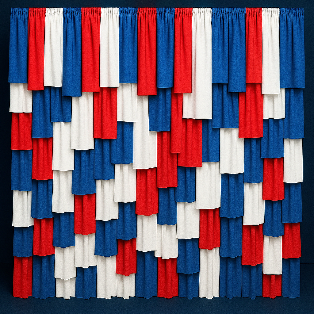 Red, white, and blue streamer backdrop styled for patriotic or school events