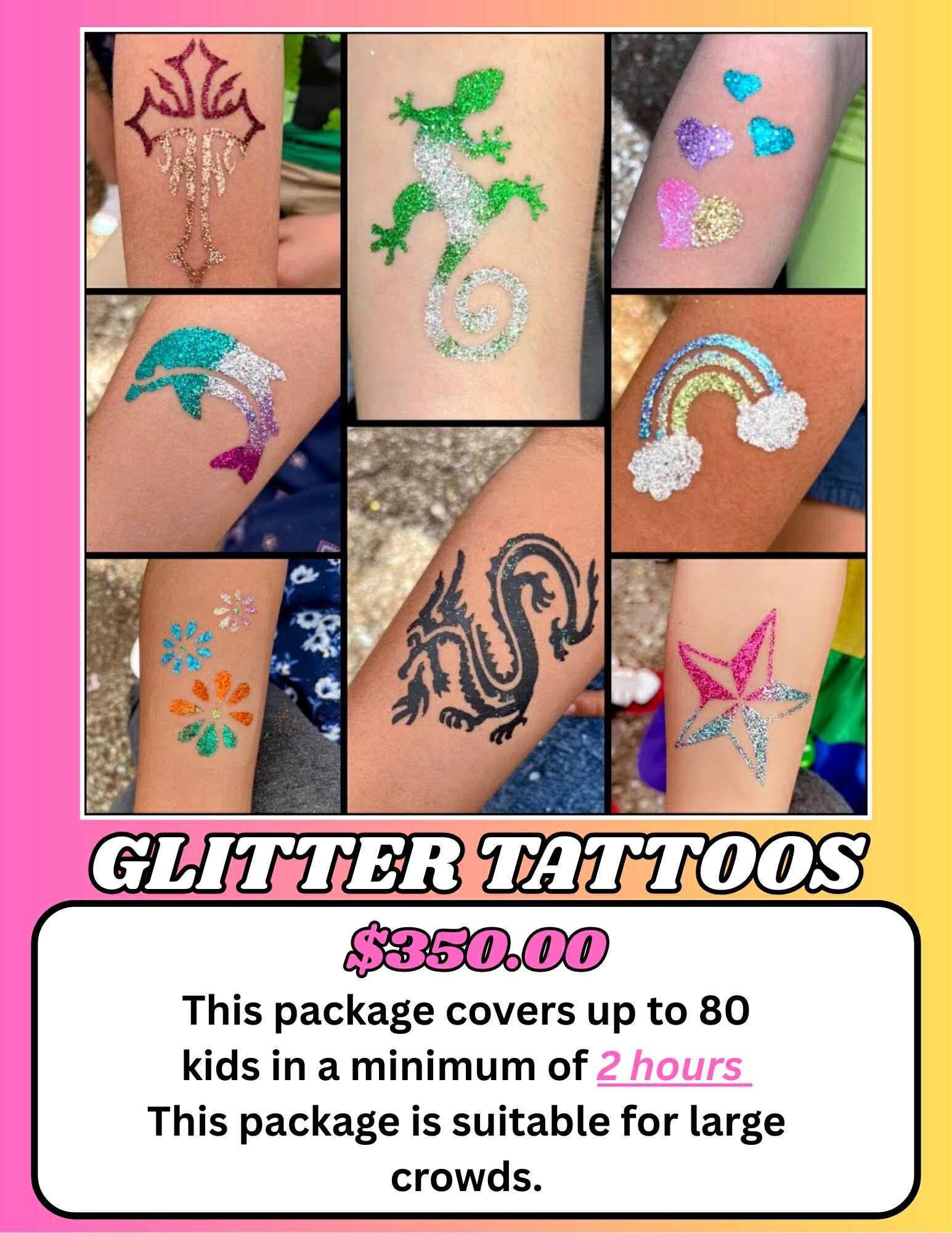 A flyer for the glam glitter package with a price of $ 320.00