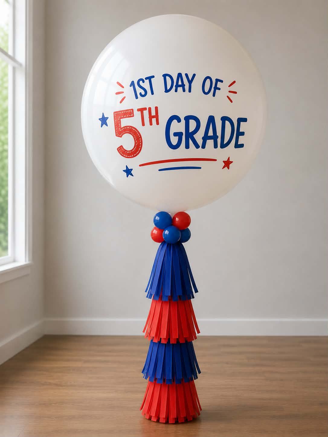 Custom jumbo balloon with vinyl lettering for first day of school photo Fort Worth