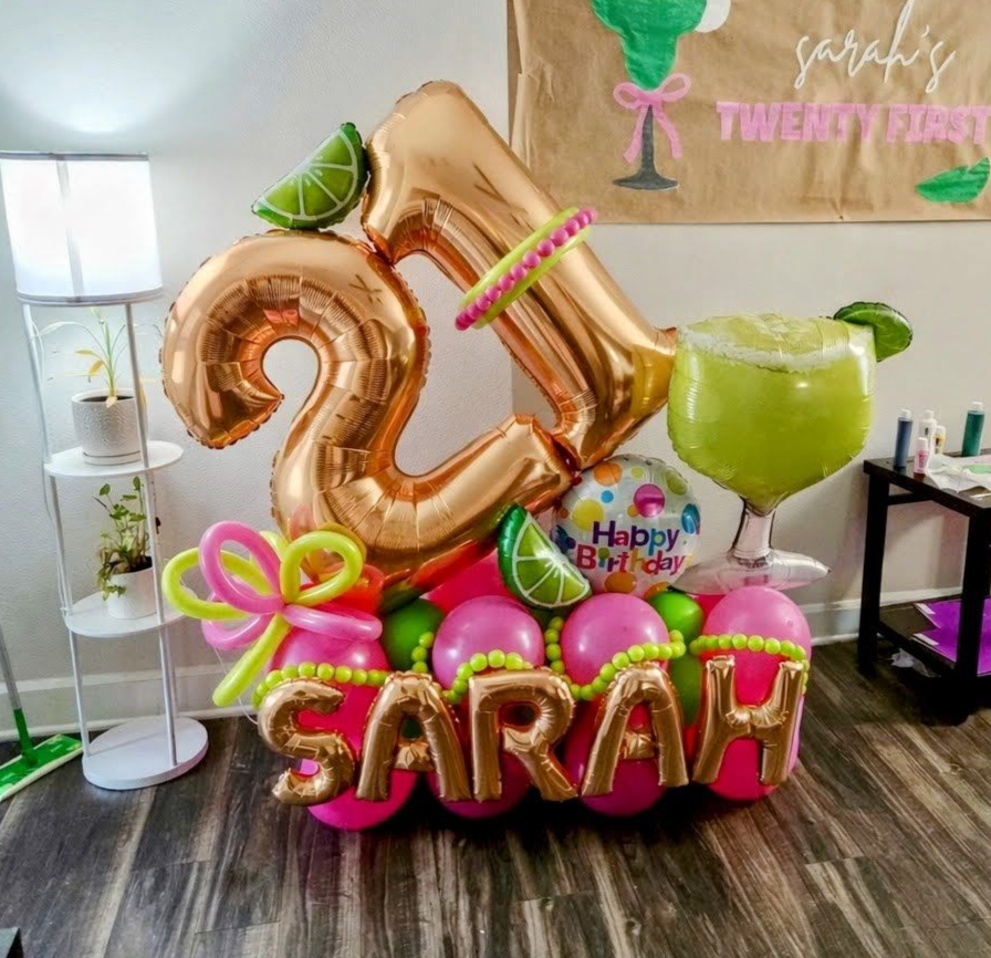 
21st birthday bouquet: Rose gold '21' & 'SARAH' foil, margarita theme, pink/green balloons. Perfect tropical party decor.