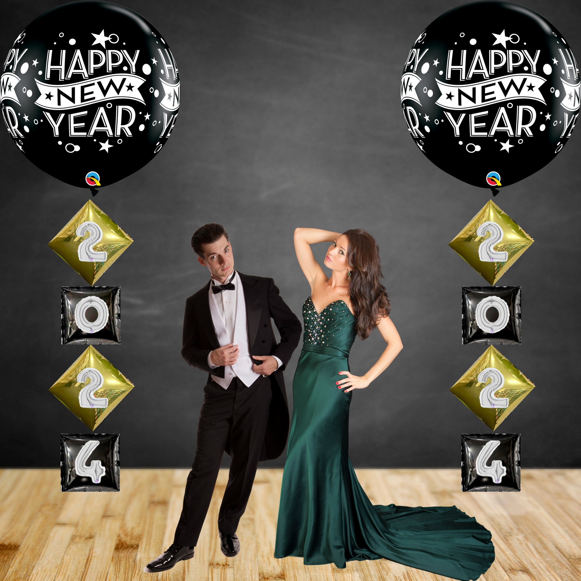 New Year’s 2025 helium balloon columns featuring black, gold, and silver balloons for a celebration
