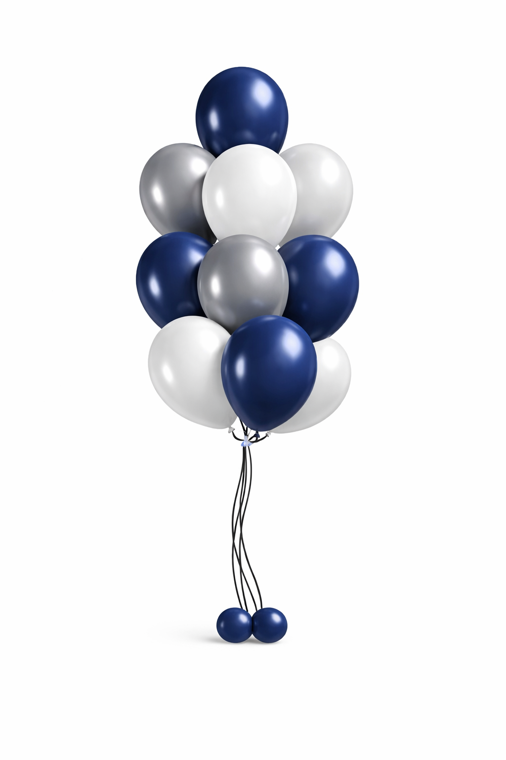 A cluster of 10 white, grey and blue balloons attached to balloon string with a balloon base.