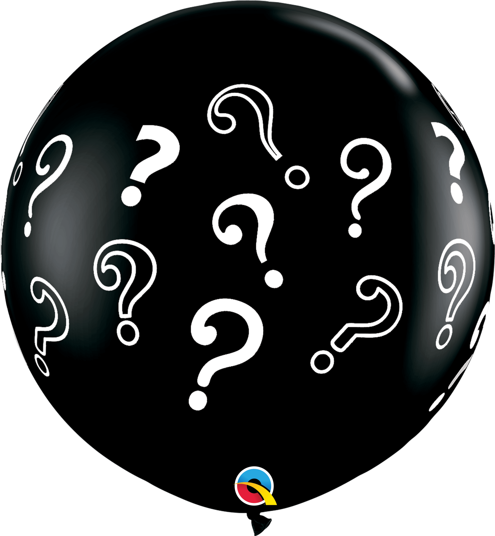 A black balloon with white question marks on it