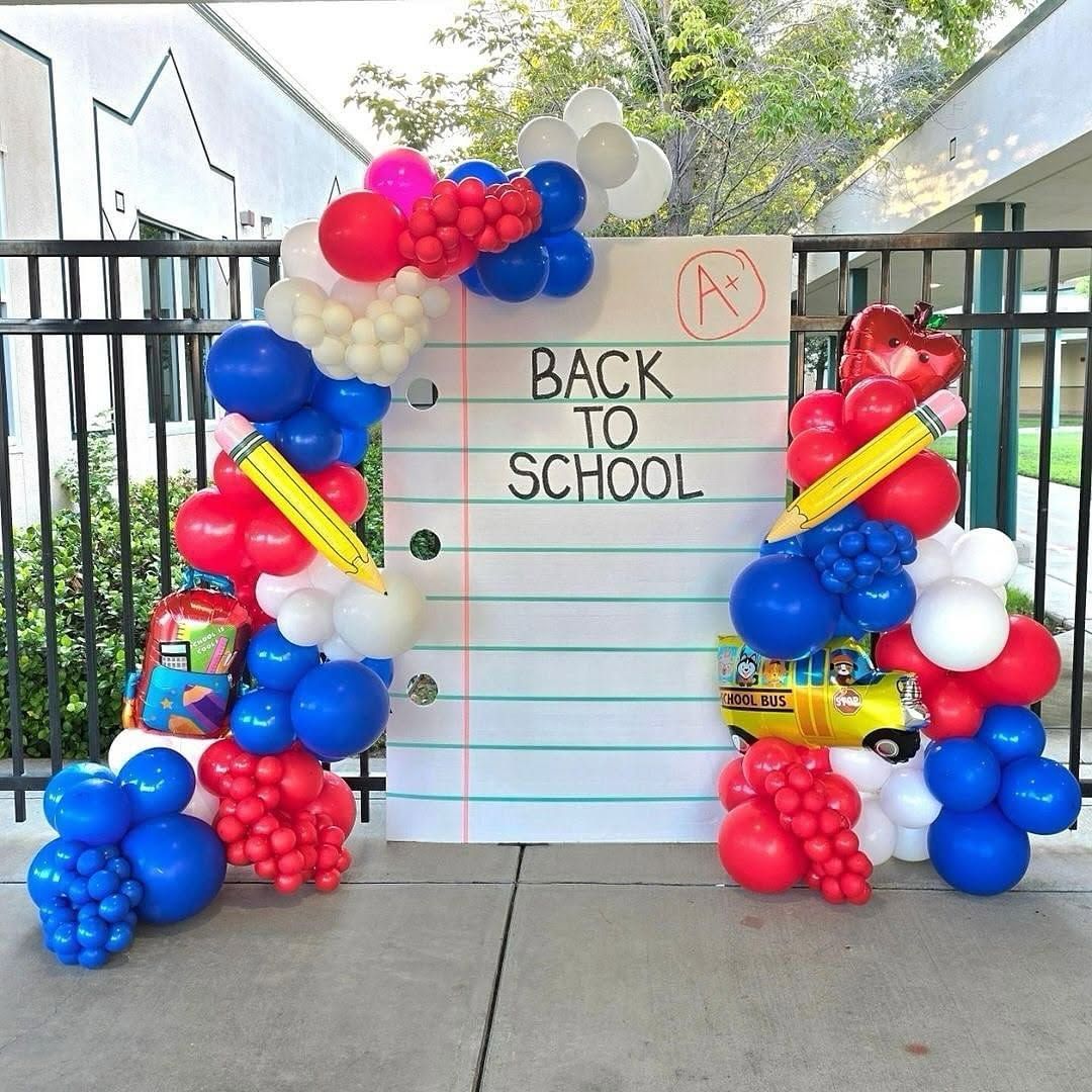 Back to school balloon backdrop for first day photos Fort Worth family