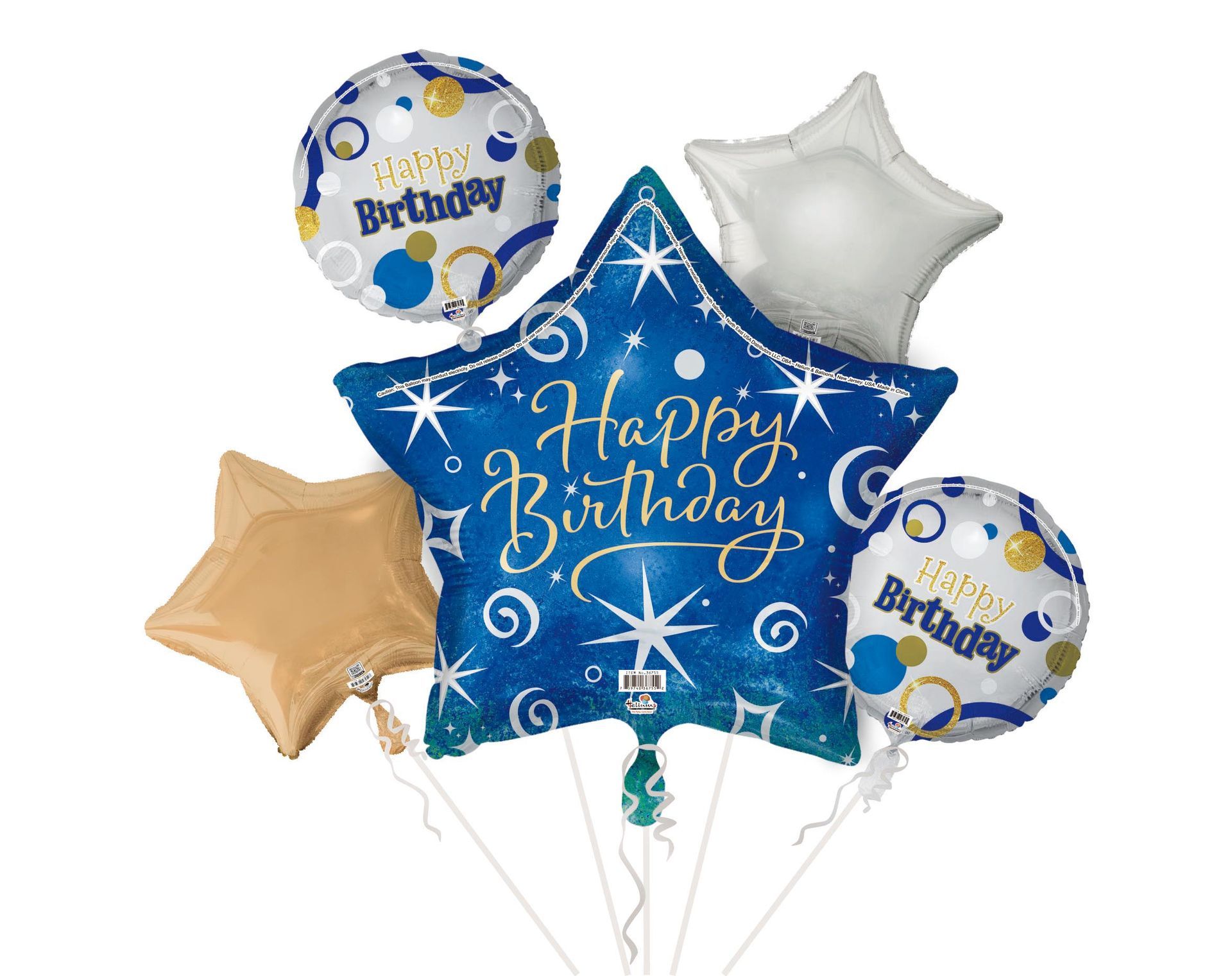 Birthday helium balloon bouquet featuring gold and blue balloons with a happy birthday message