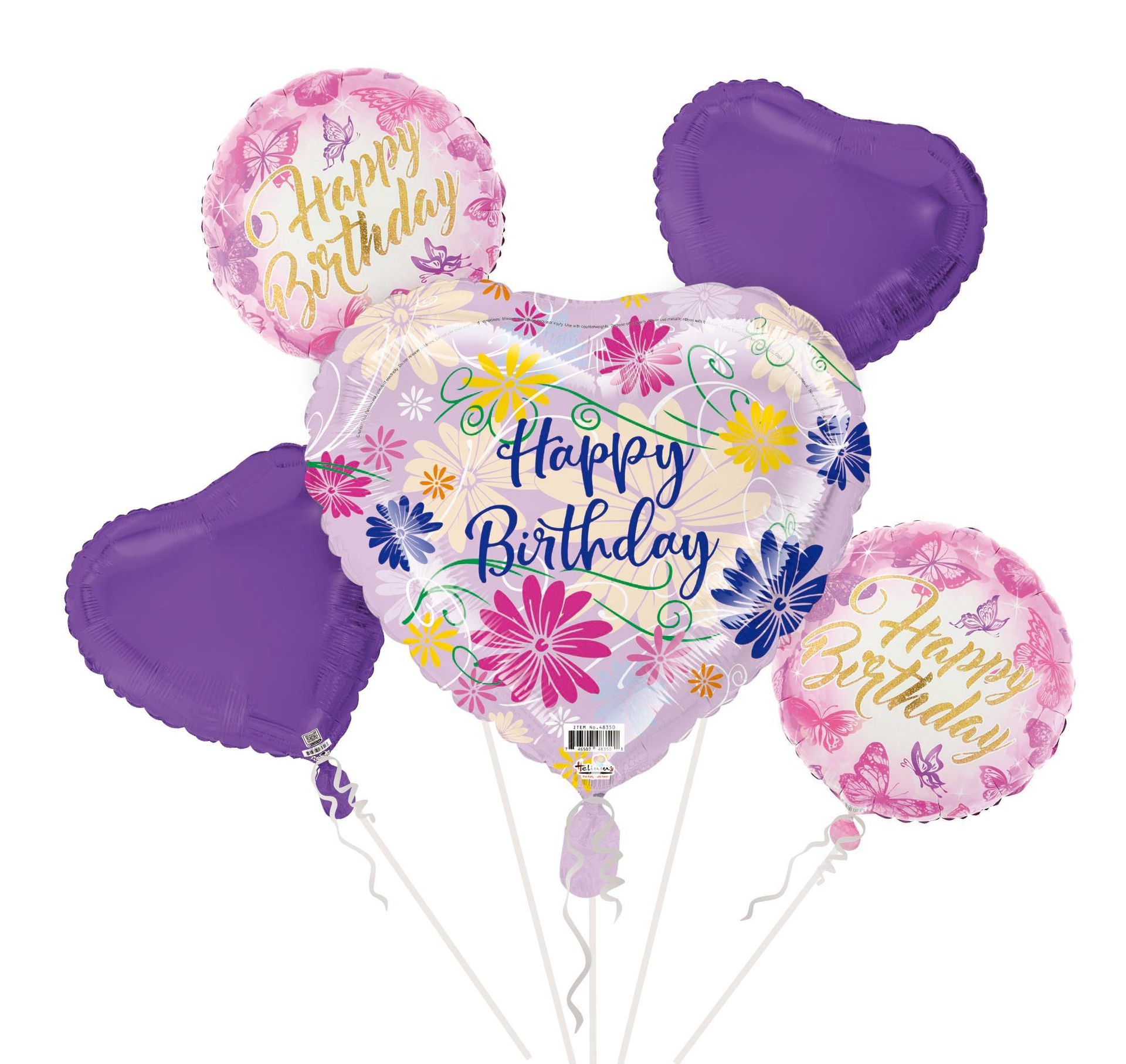 Birthday helium balloon bouquet featuring floral and purple balloons with a happy birthday design
