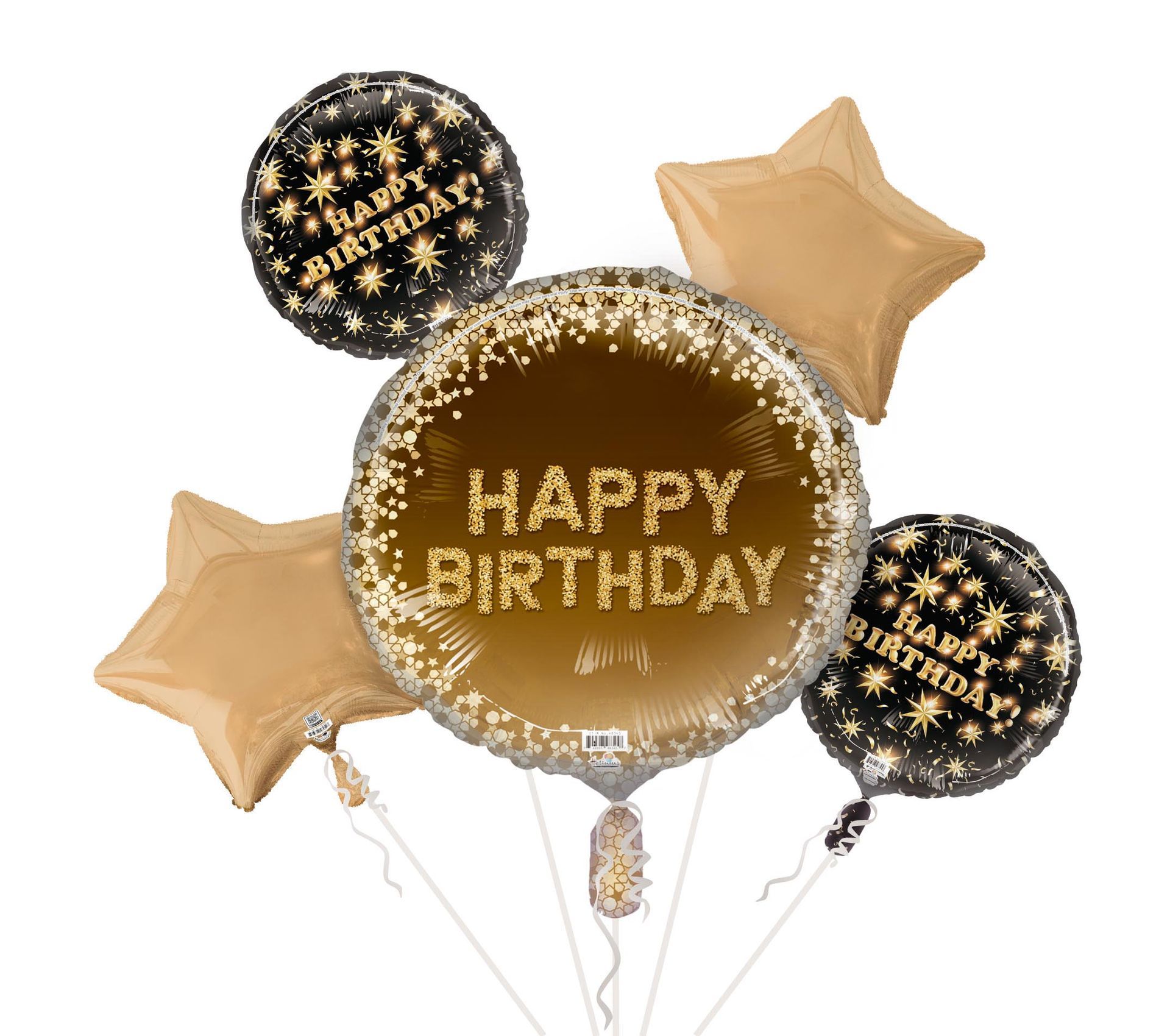 Birthday helium balloon bouquet featuring gold and black balloons with a happy birthday message