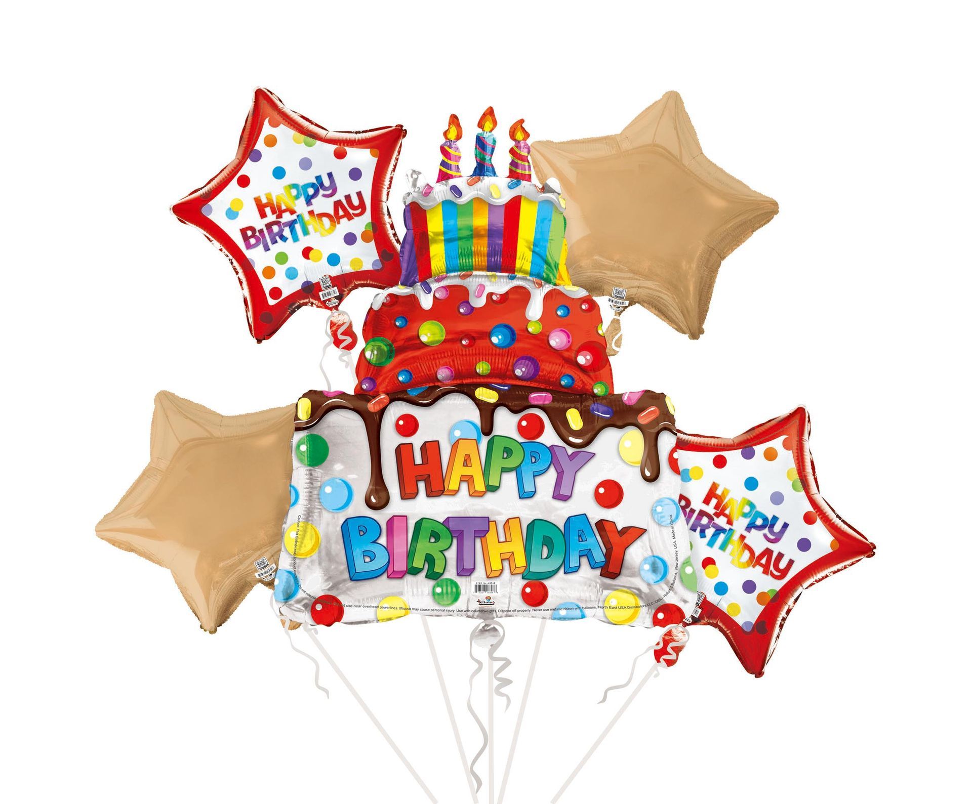 Birthday helium balloon bouquet featuring colorful balloons with a cake-themed happy birthday design