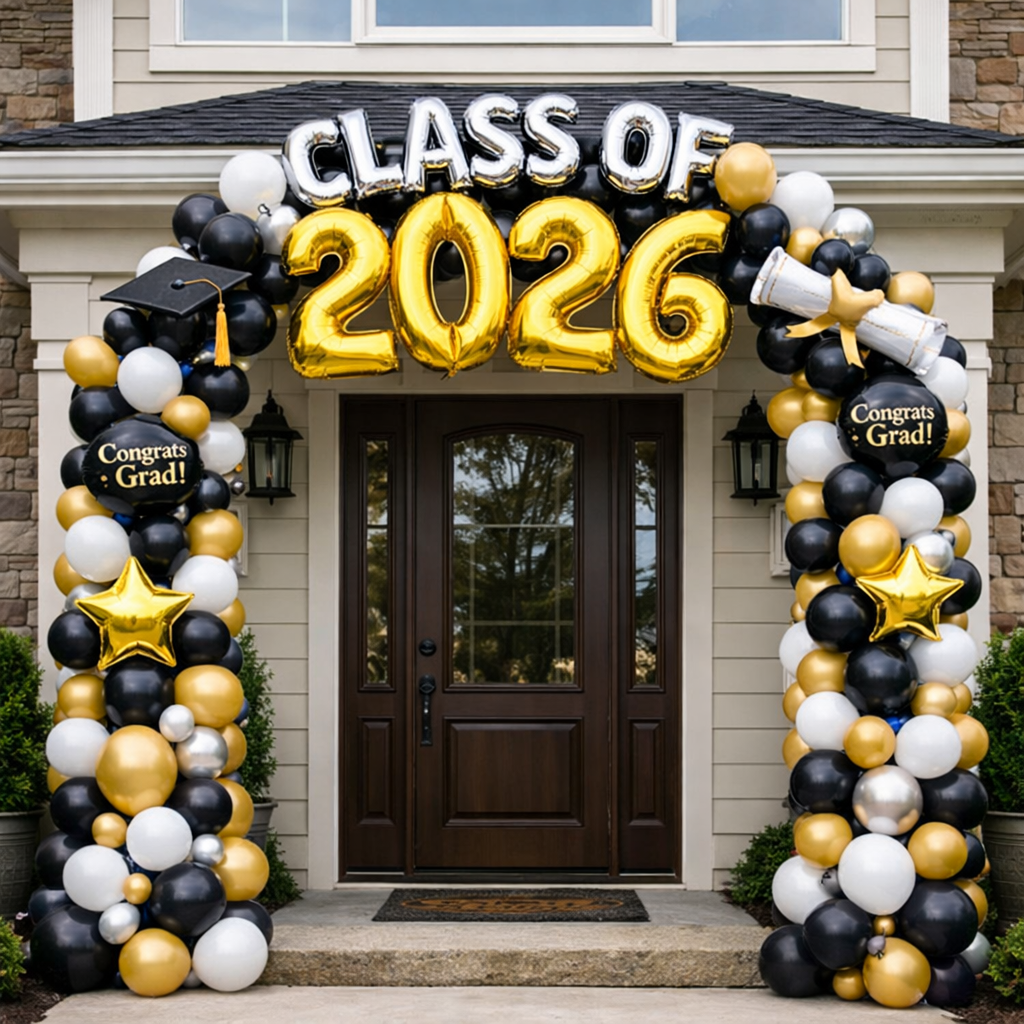 Graduation balloon decor with class of 2026 arch and balloons for celebration in Fort Worth