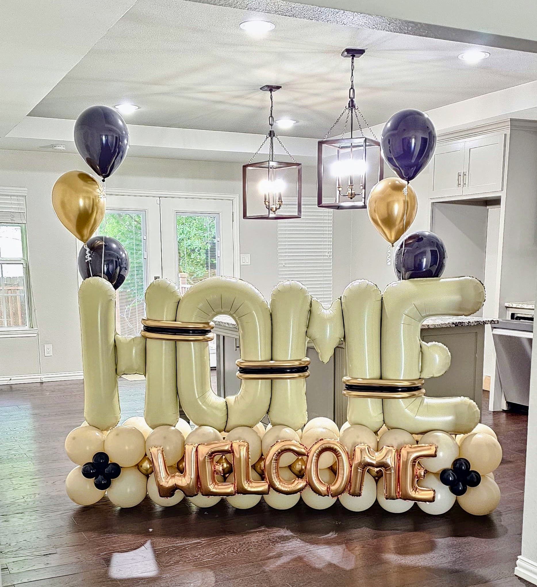 Welcome home balloon marquee display for homecomings, real estate closings, and celebrations