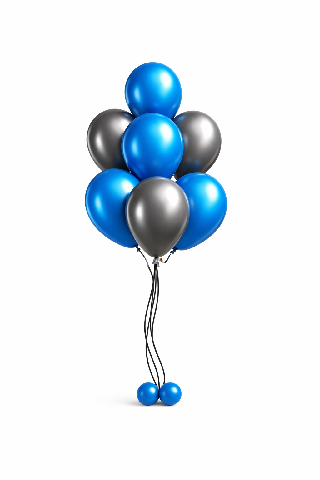 A cluster of 7  black and blue balloons attached to balloon string with a balloon base.
