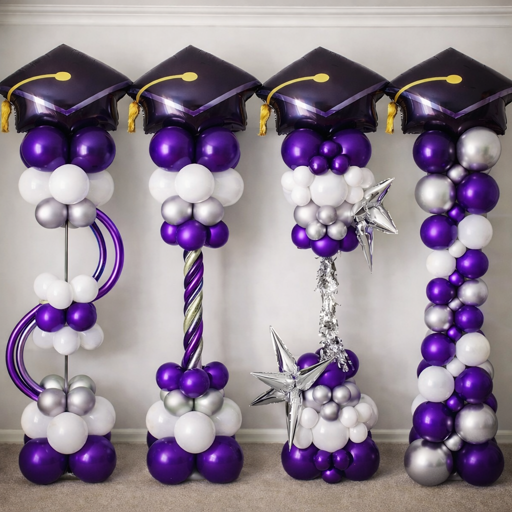 Graduation balloon columns with cap toppers in purple and white for event decor in Fort Worth TX
