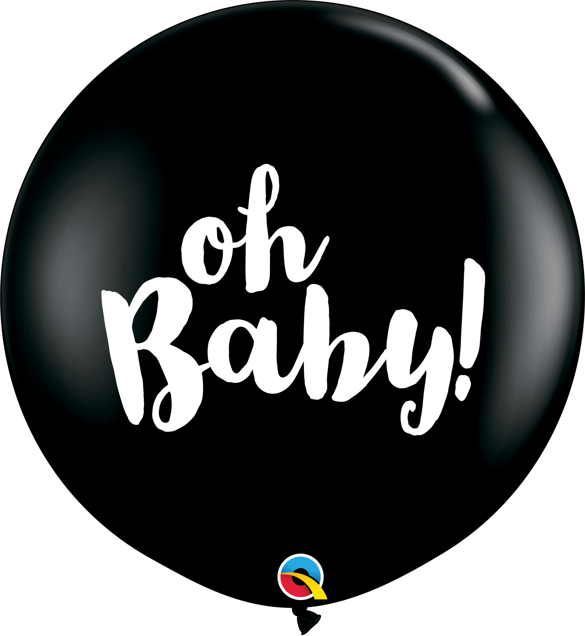 A black balloon with the words oh baby written on it