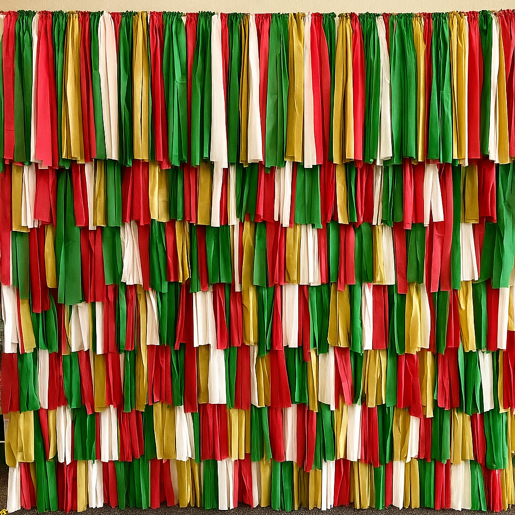 Festive multicolor streamer backdrop featuring red, green, and gold tones for holiday events