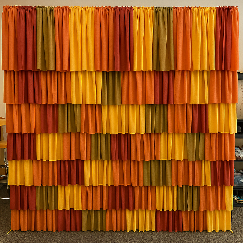 Autumn themed streamer backdrop featuring warm orange and gold tones for seasonal events