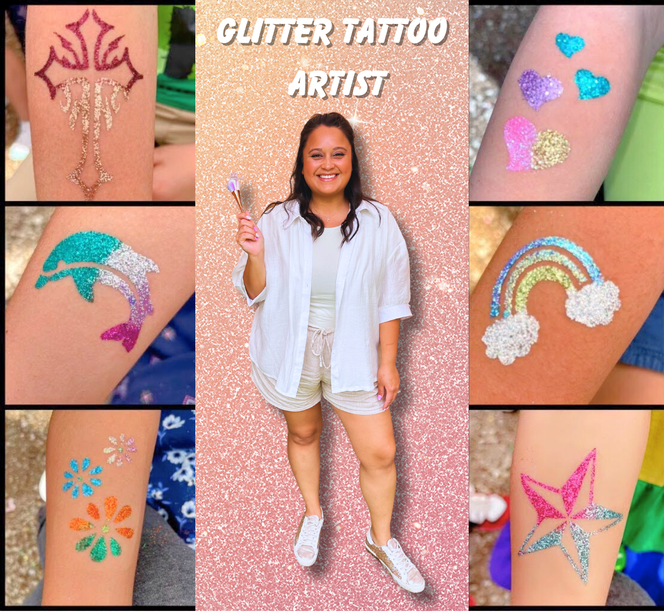 A woman with glitter tattoos on her arm