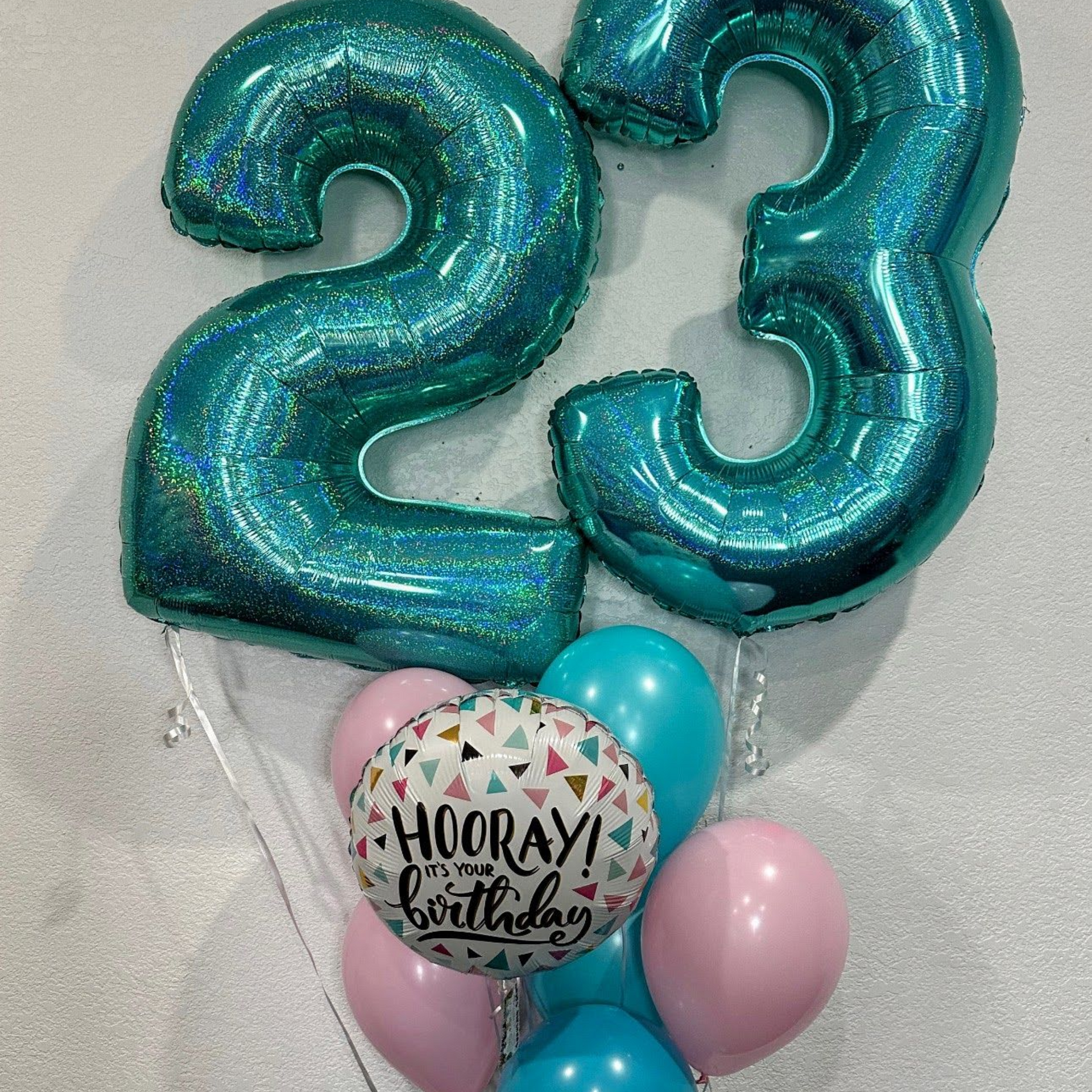 Helium foil number balloons 23 in teal for birthday celebration or event decor in Fort Worth DFW area