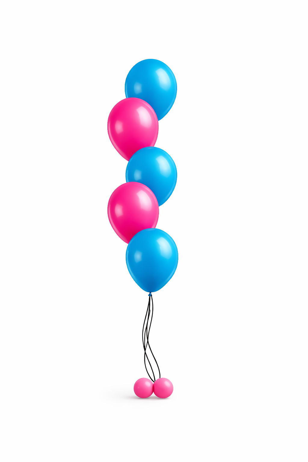 A cluster of 6  pink and blue balloons attached to balloon string with a balloon base.