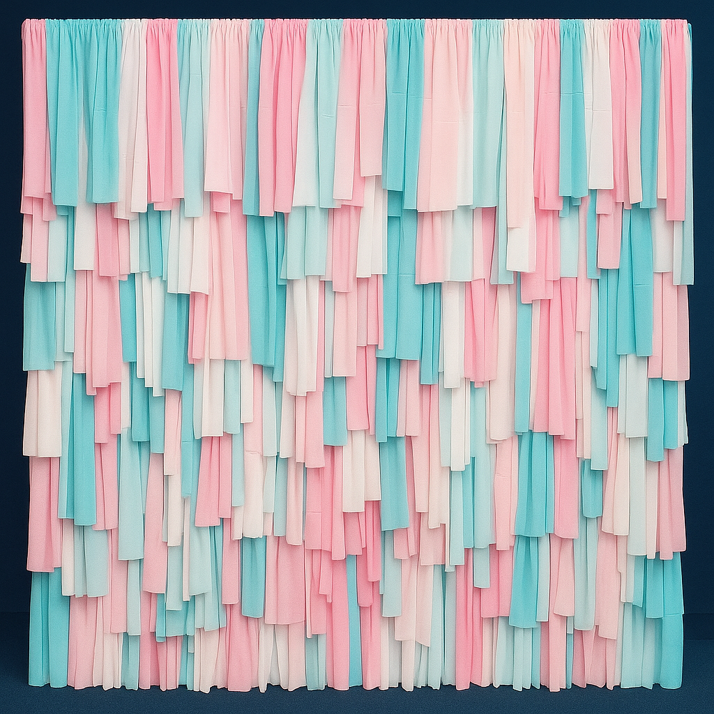 Soft pastel streamer backdrop featuring light multicolor tones for a neutral celebration backdrop