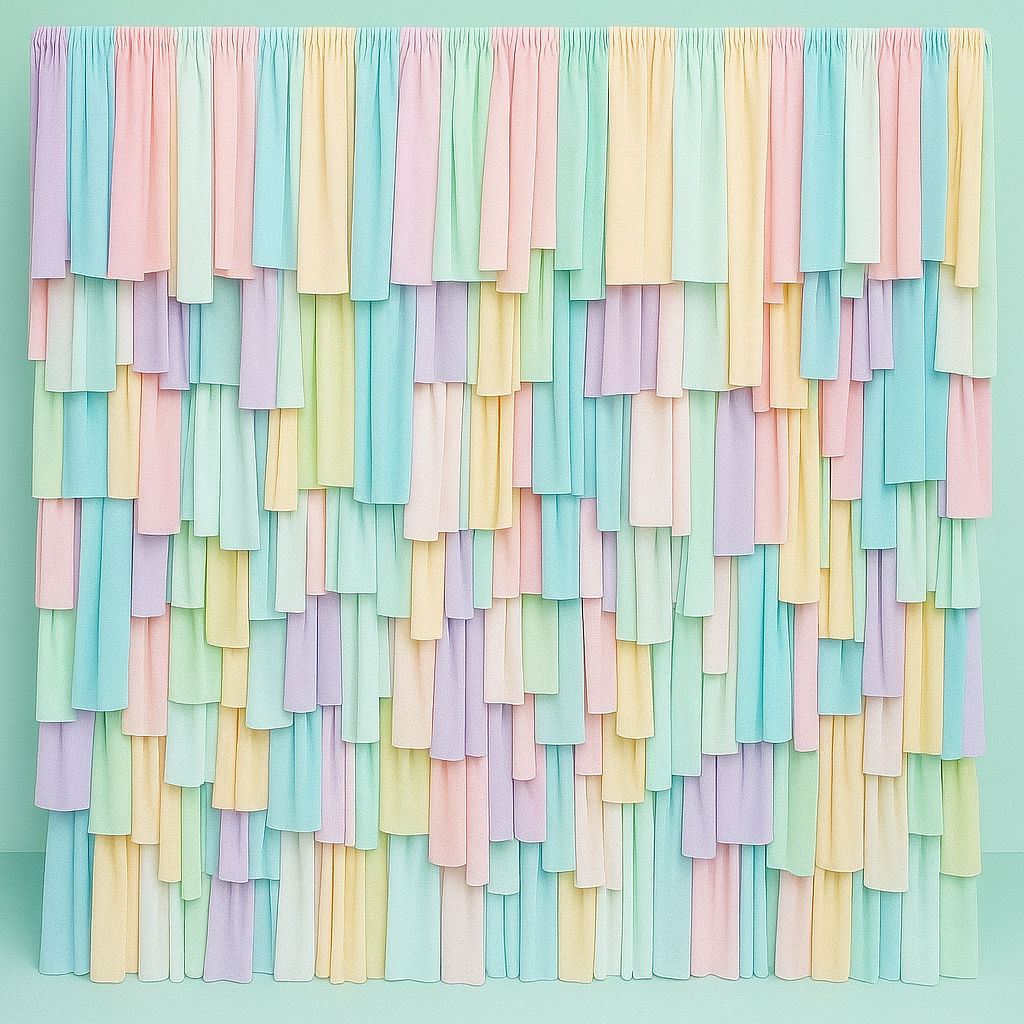 Pastel streamer backdrop featuring soft pink, blue, and mint tones for a party backdrop