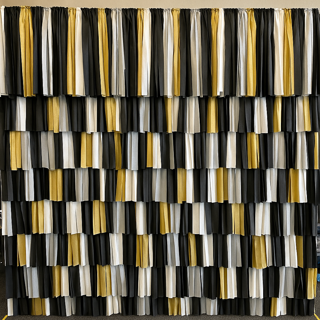 Black and gold streamer backdrop featuring bold layered panels for a luxury celebration