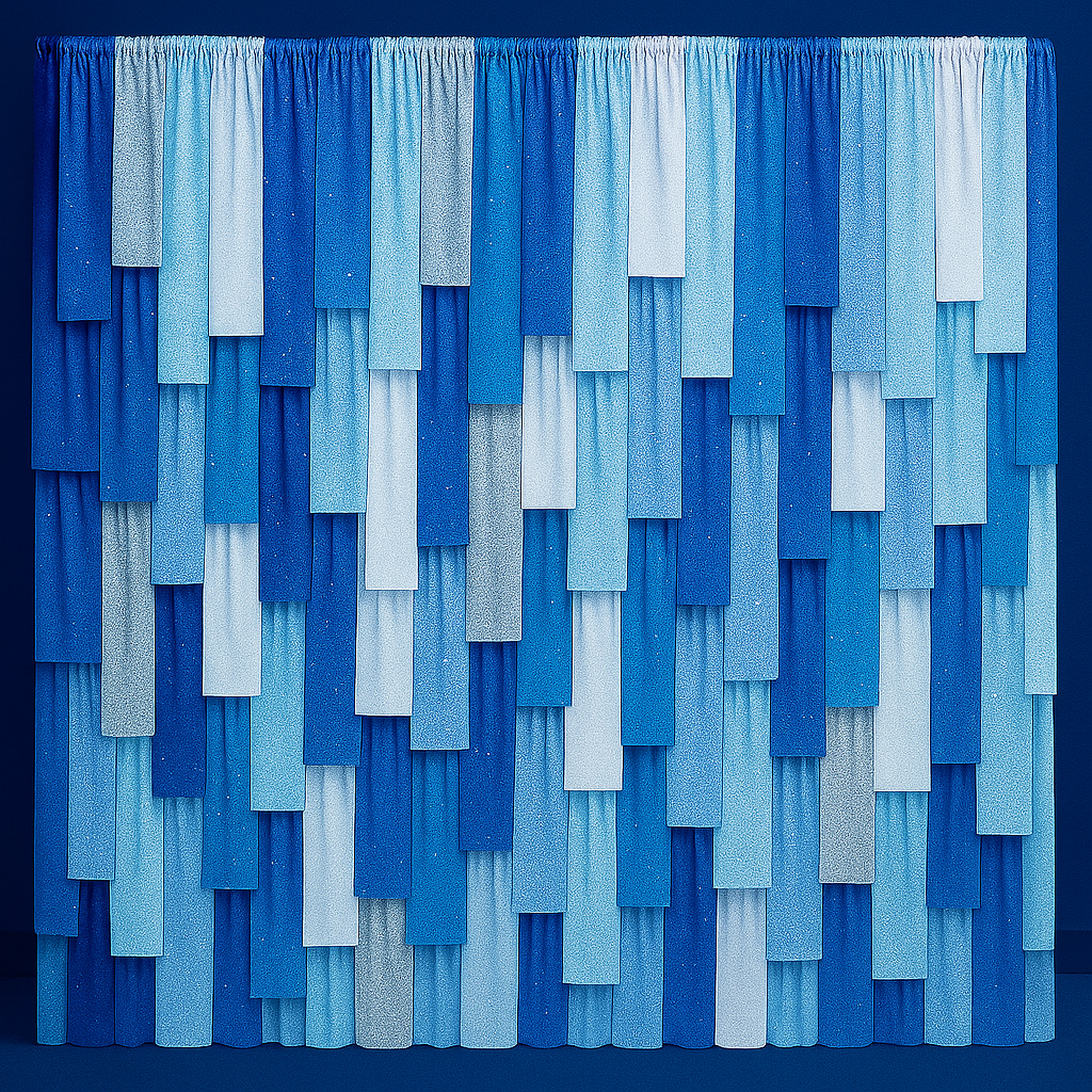 Blue streamer backdrop featuring layered shades of blue for a clean event backdrop