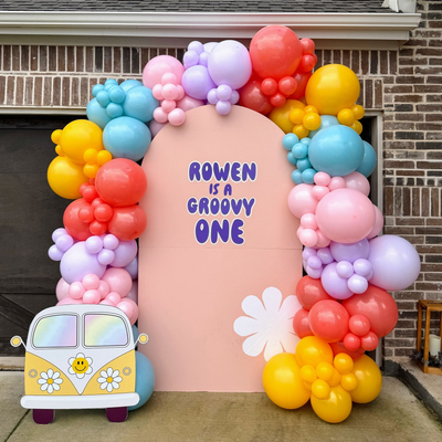 Custom balloon garland with colorful backdrop for party decor and photo setup in Fort Worth Texas