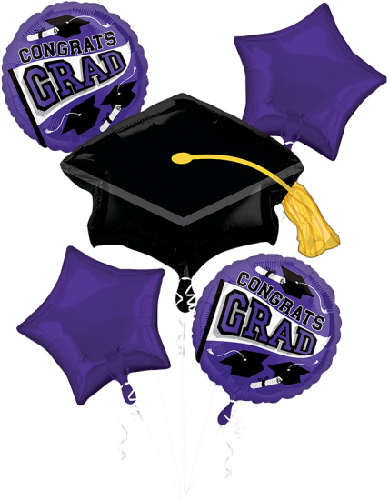 Graduation helium balloon bouquet with cap and school colors for party setup in Fort Worth Texas