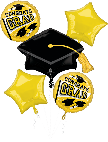 Graduation helium balloon bouquet in gold and black with cap design for celebration in Fort Worth TX