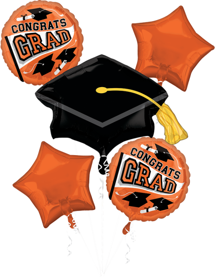 Graduation helium balloon bouquet with congrats grad design in orange and black for party in Fort Worth