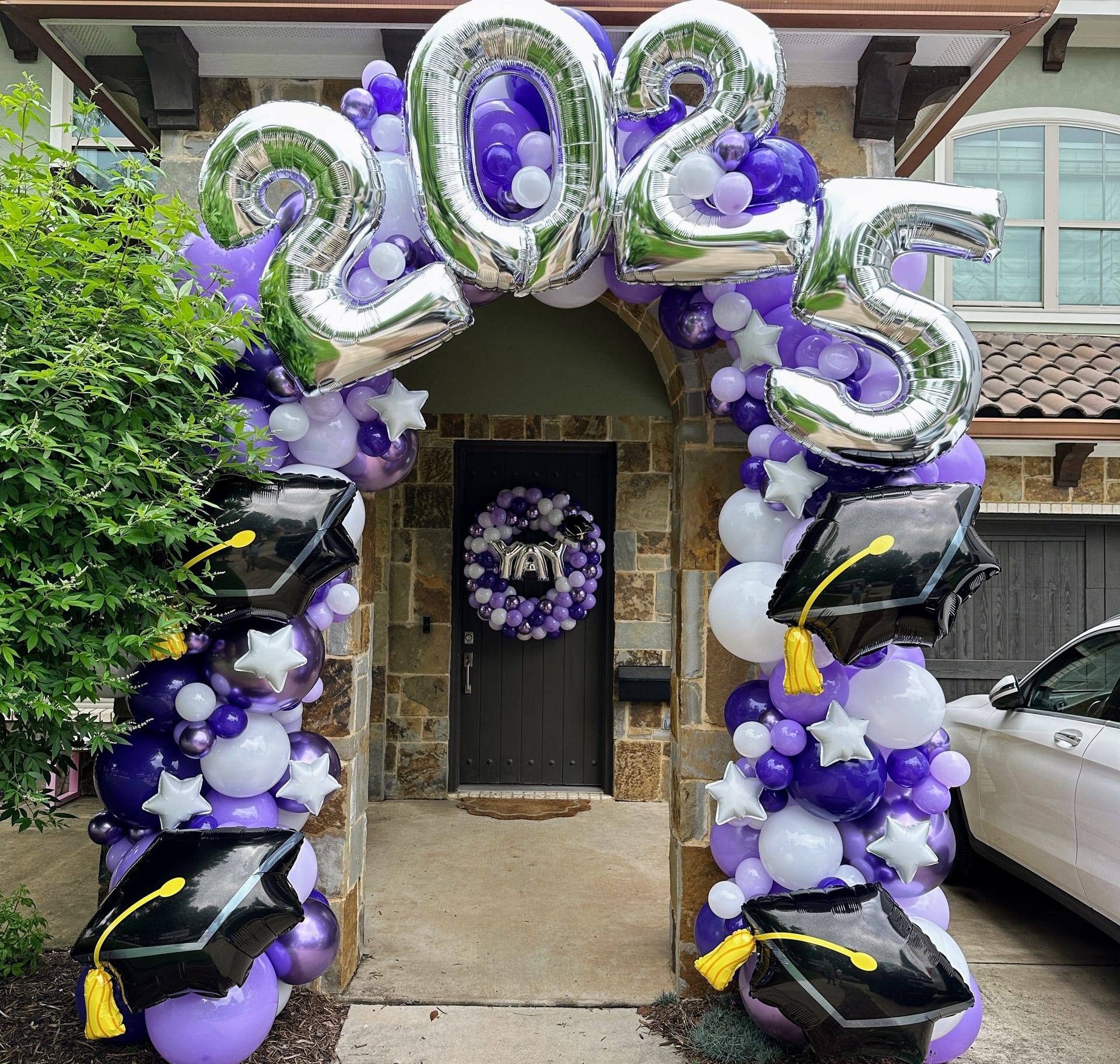 Graduation balloon decor with 2025 numbers and custom balloon setup in Fort Worth Texas