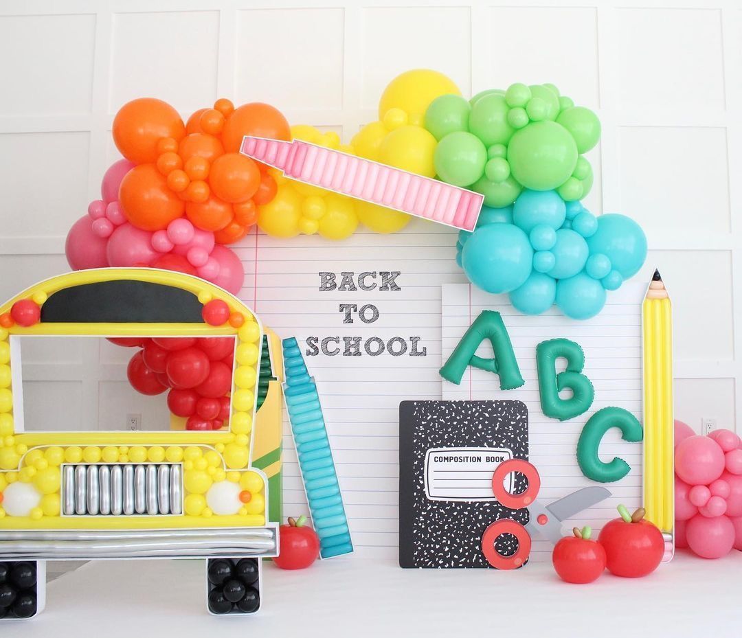 Back to school balloon number display with themed balloons, perfect for school milestones, photo areas, and events