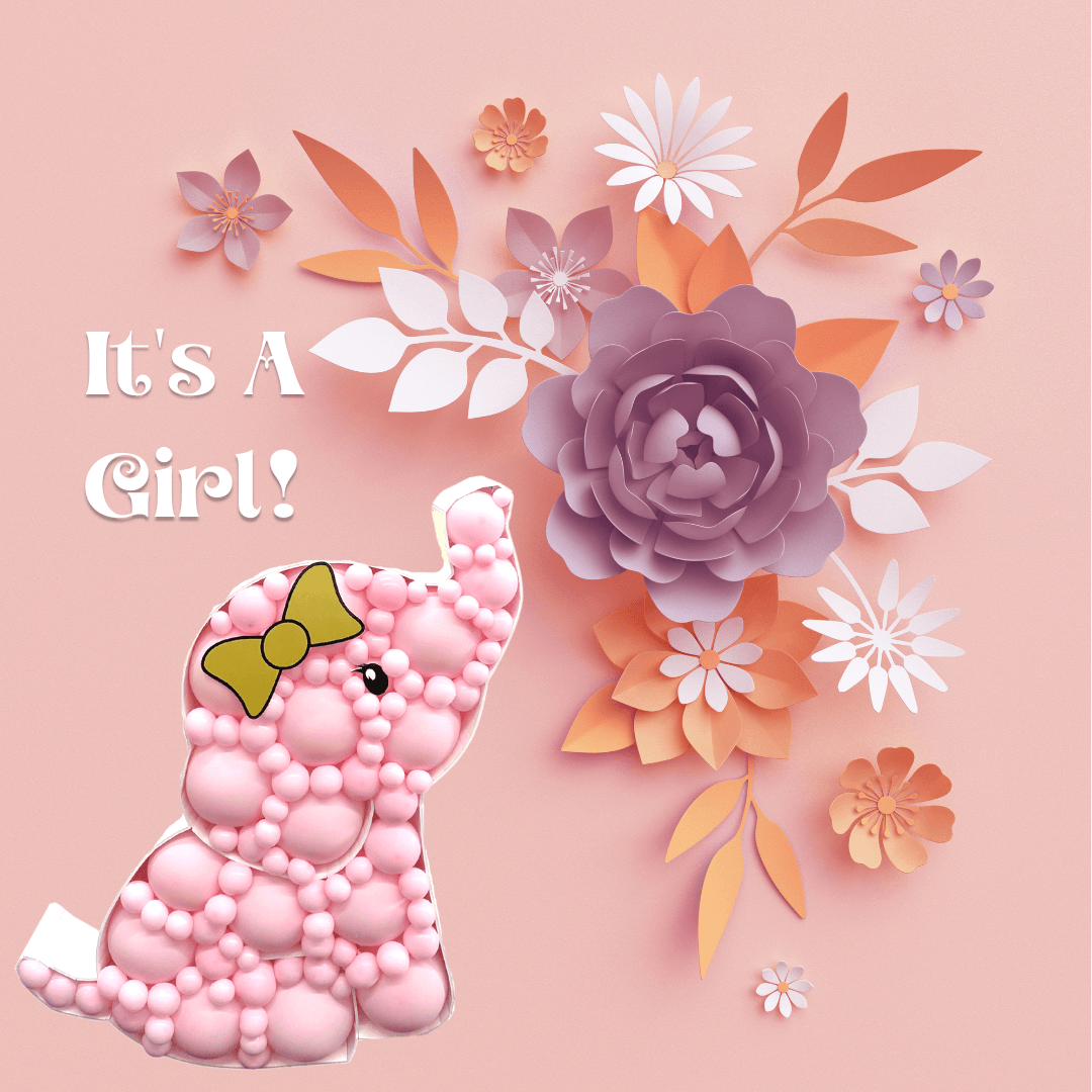 A pink elephant with a bow on its head is surrounded by flowers on a pink background.