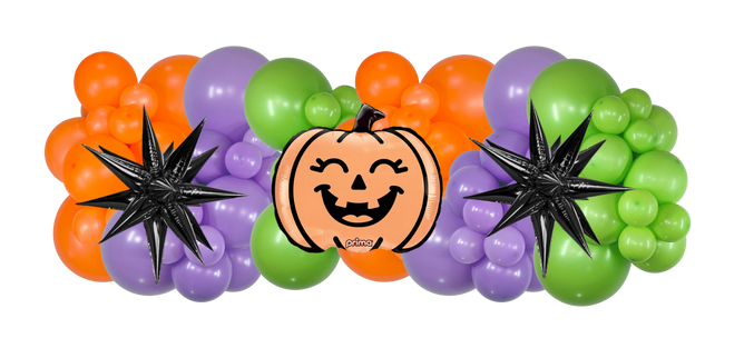 pumpkin theme balloon garland in orange, lilac and lime green balloons with happy pumpkin Mylar with starburst balloons.