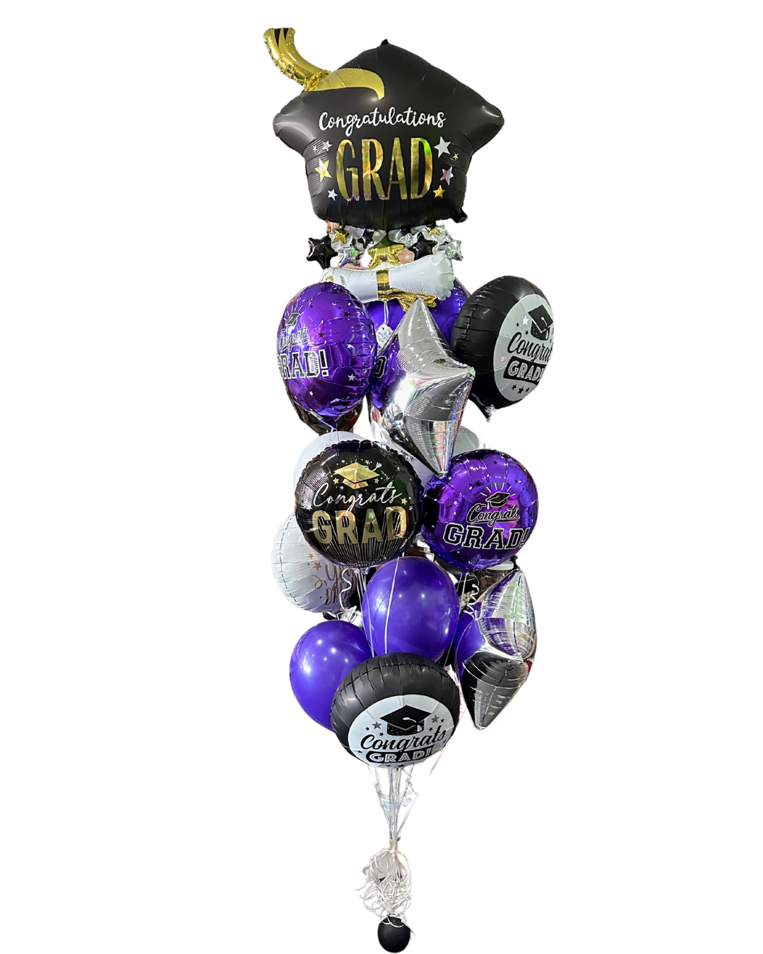Graduation helium balloon bouquet with grad cap topper and balloons for celebration in Fort Worth Texas